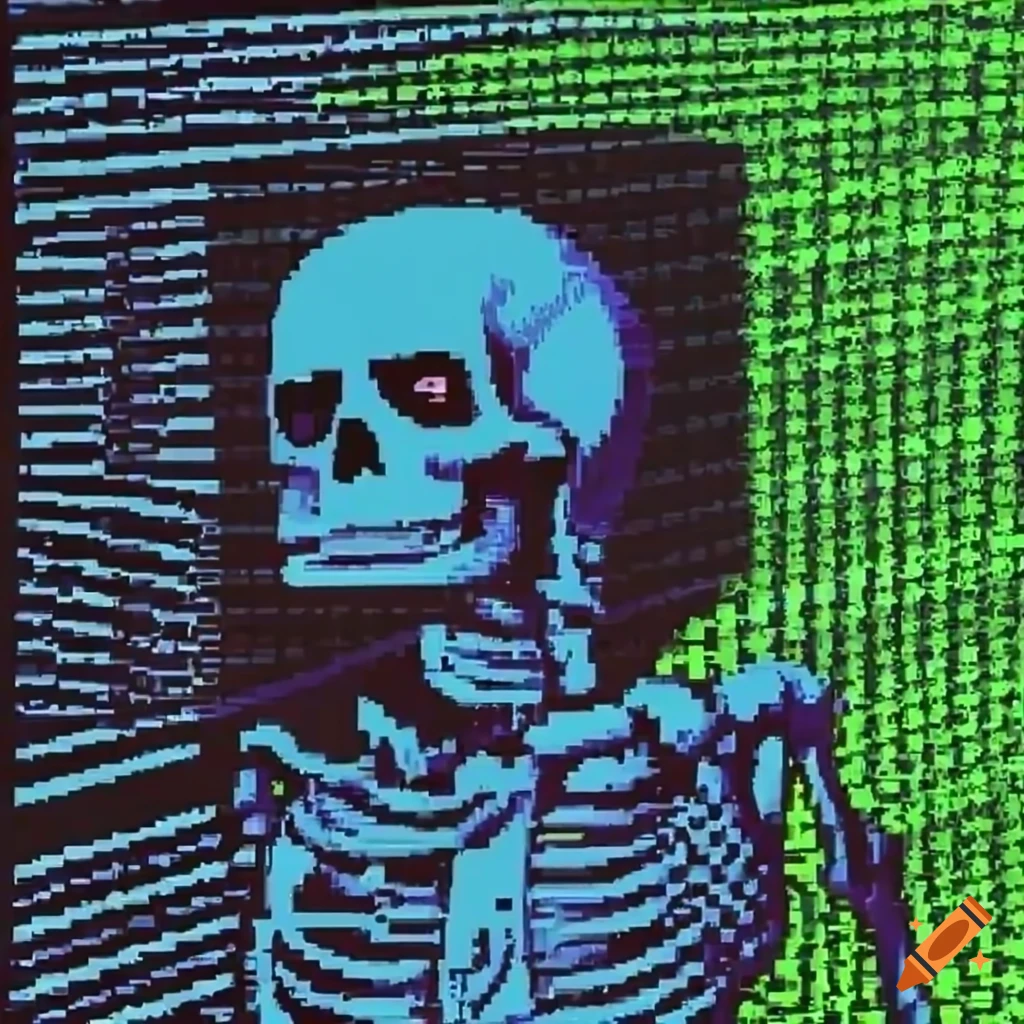 Skeleton CRT with colorful 80's graphics