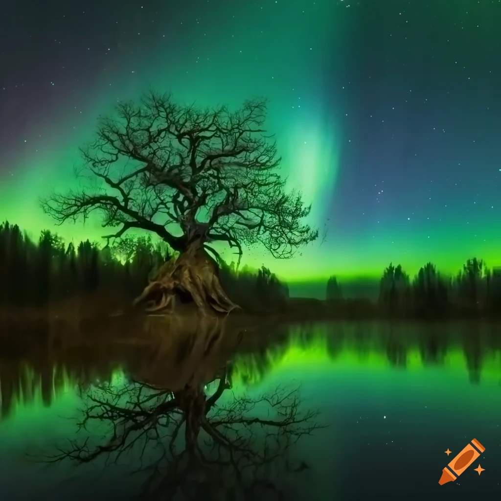 Desolate oak tree in a swamp under the Aurora Borealis
