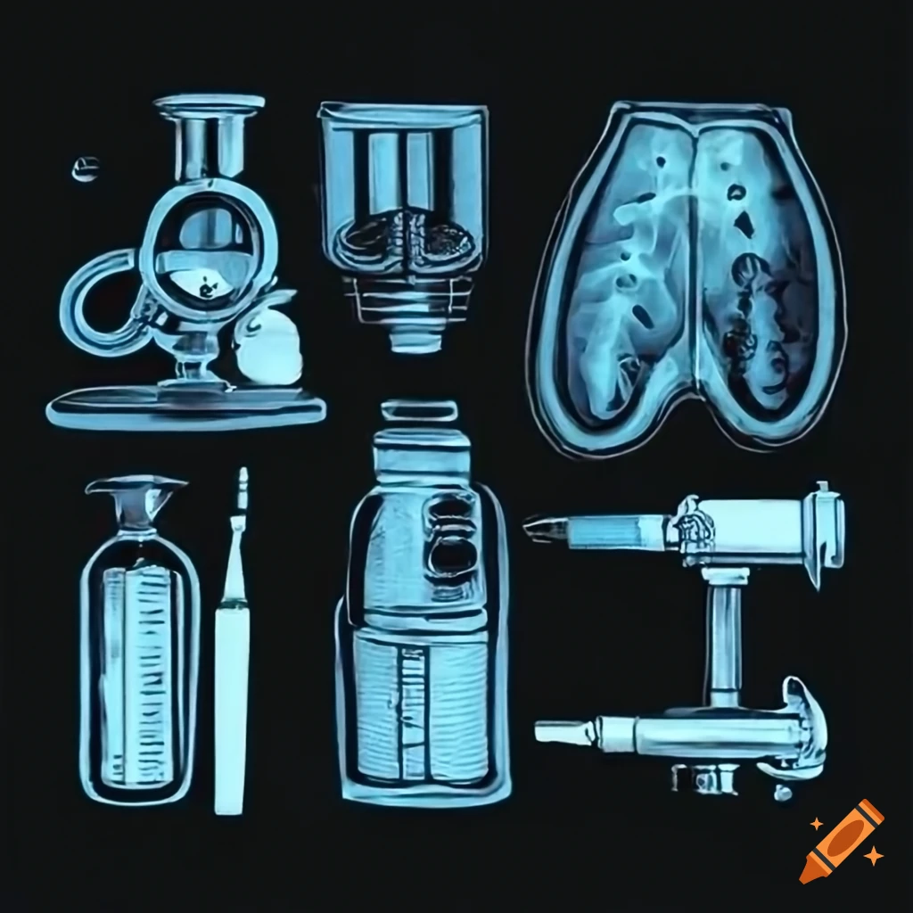 Close-up of medical tools: microscope, x-ray, and syringe