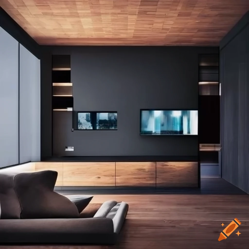 Contemporary high-tech room with wooden accents and glass windows