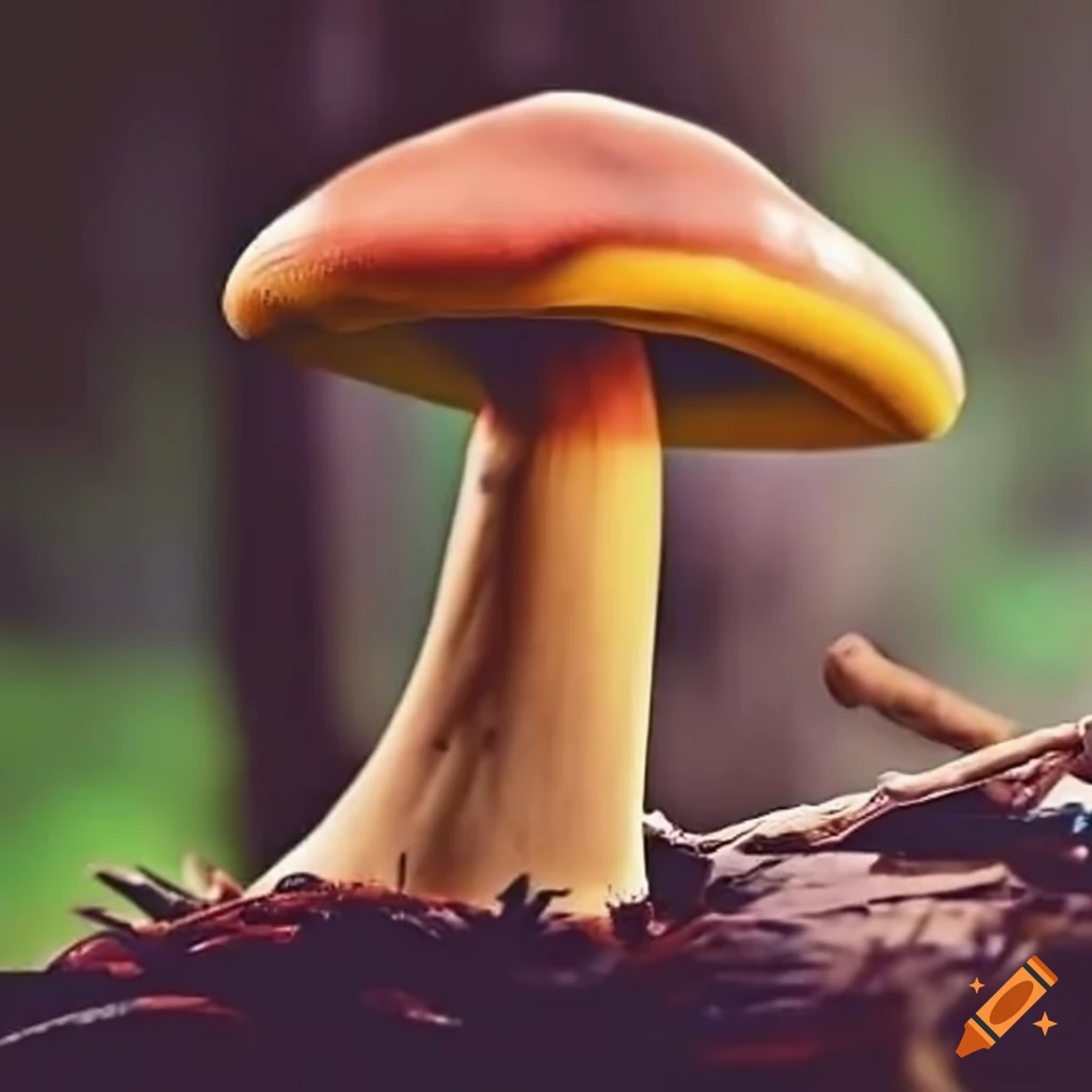 Psychedelic mushroom walking through a field
