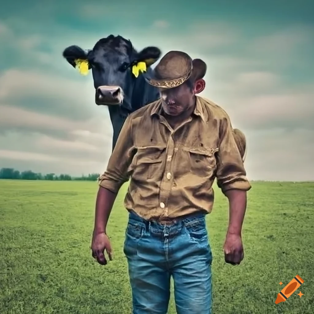 Man counting black cattle in a green pasture