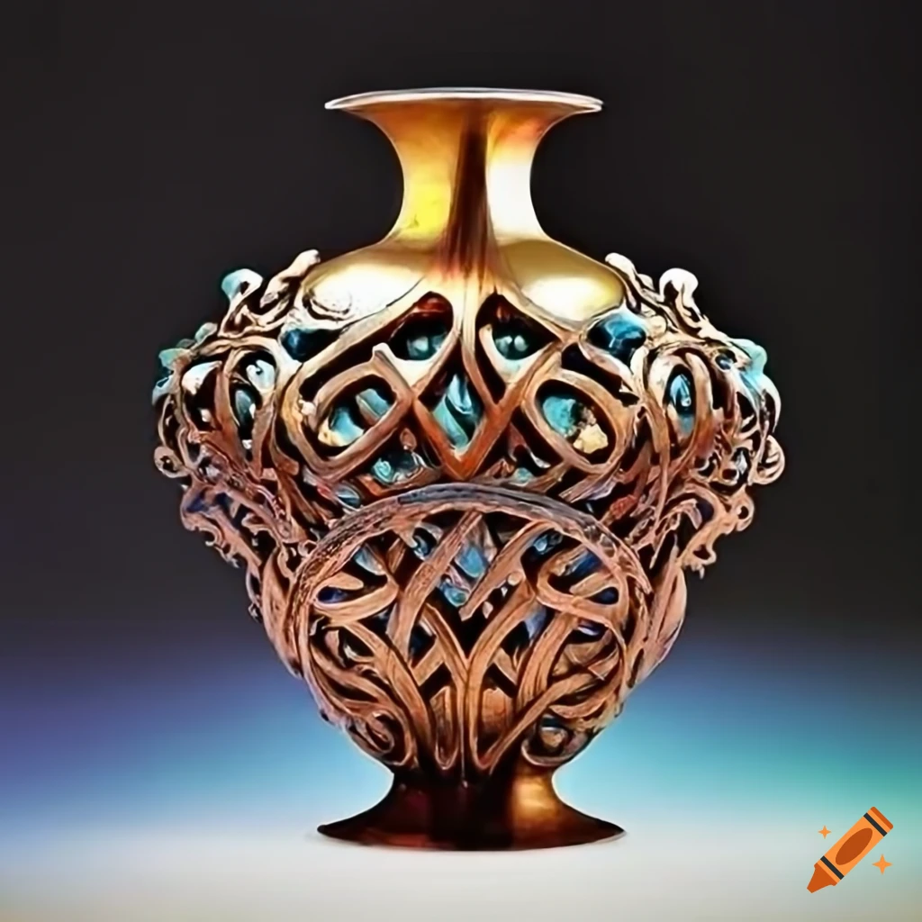 Metal ornate knotwork with sharp detail and colorful art nouveau vase