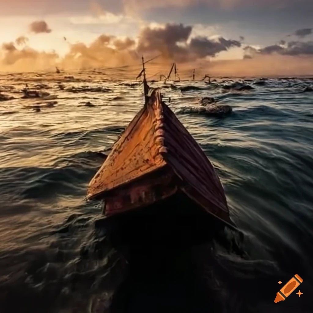 Remains of wooden cargo ship in ocean waves with sailing canvas debris