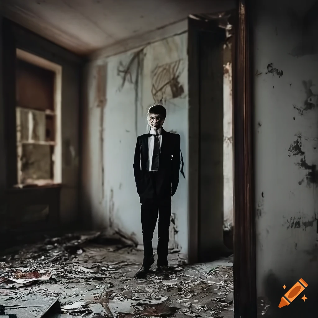 Young man in formal attire standing in a decaying room interior