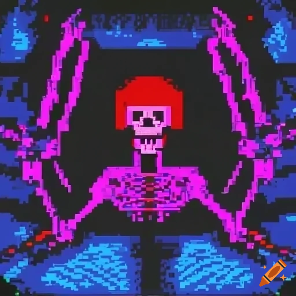 Skeleton CRT with colorful 80's graphics