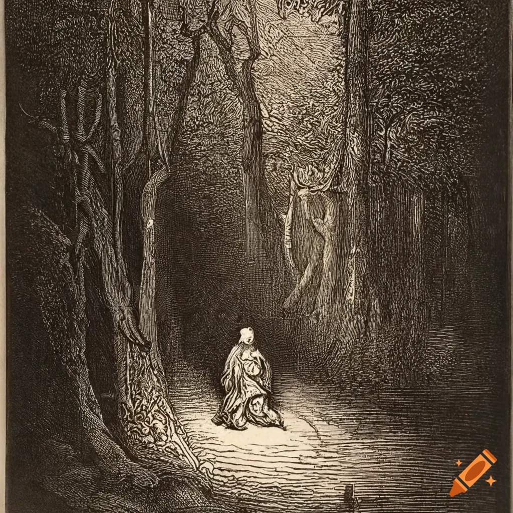 Contemplative monk praying in a forest surrounded by trees, highly detailed etching