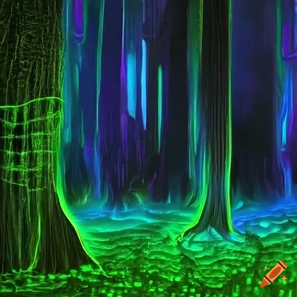 Biopunk paradise with bioluminescent trees in a surreal forest