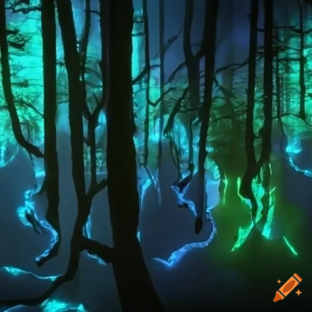 Biopunk forest with glowing bioluminescent trees merging nature and technology