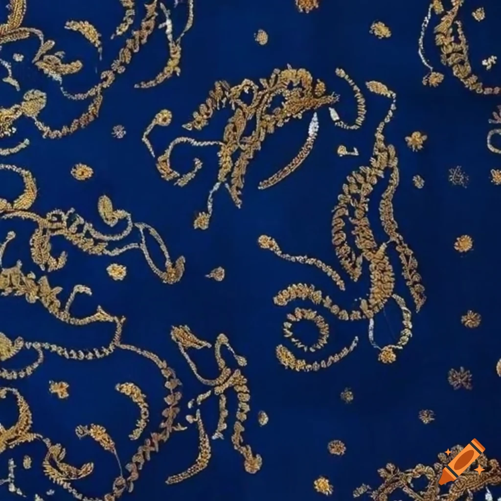 Detailed Indian saree embroidered fabric in indigo blue and golden hues