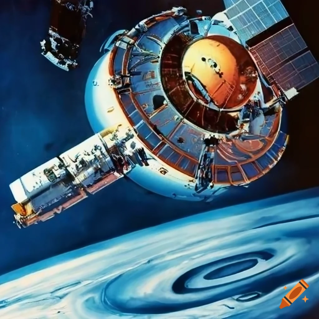 1970's space art with rotating space station