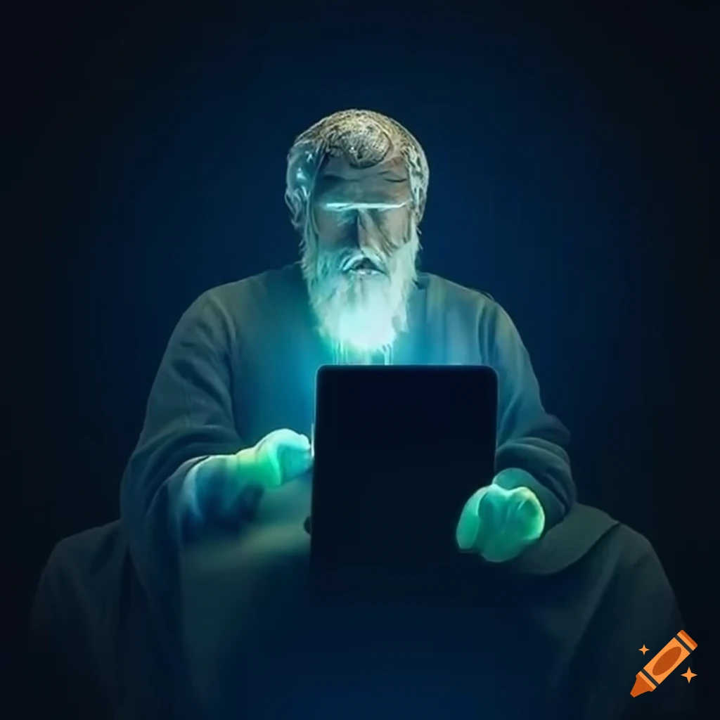Ancient philosopher contemplating ideas on a modern smartphone