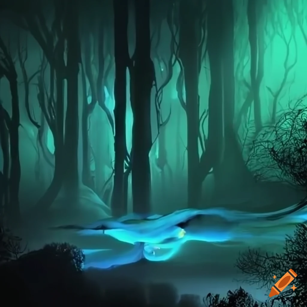 Biopunk forest with glowing bioluminescent trees merging nature and technology