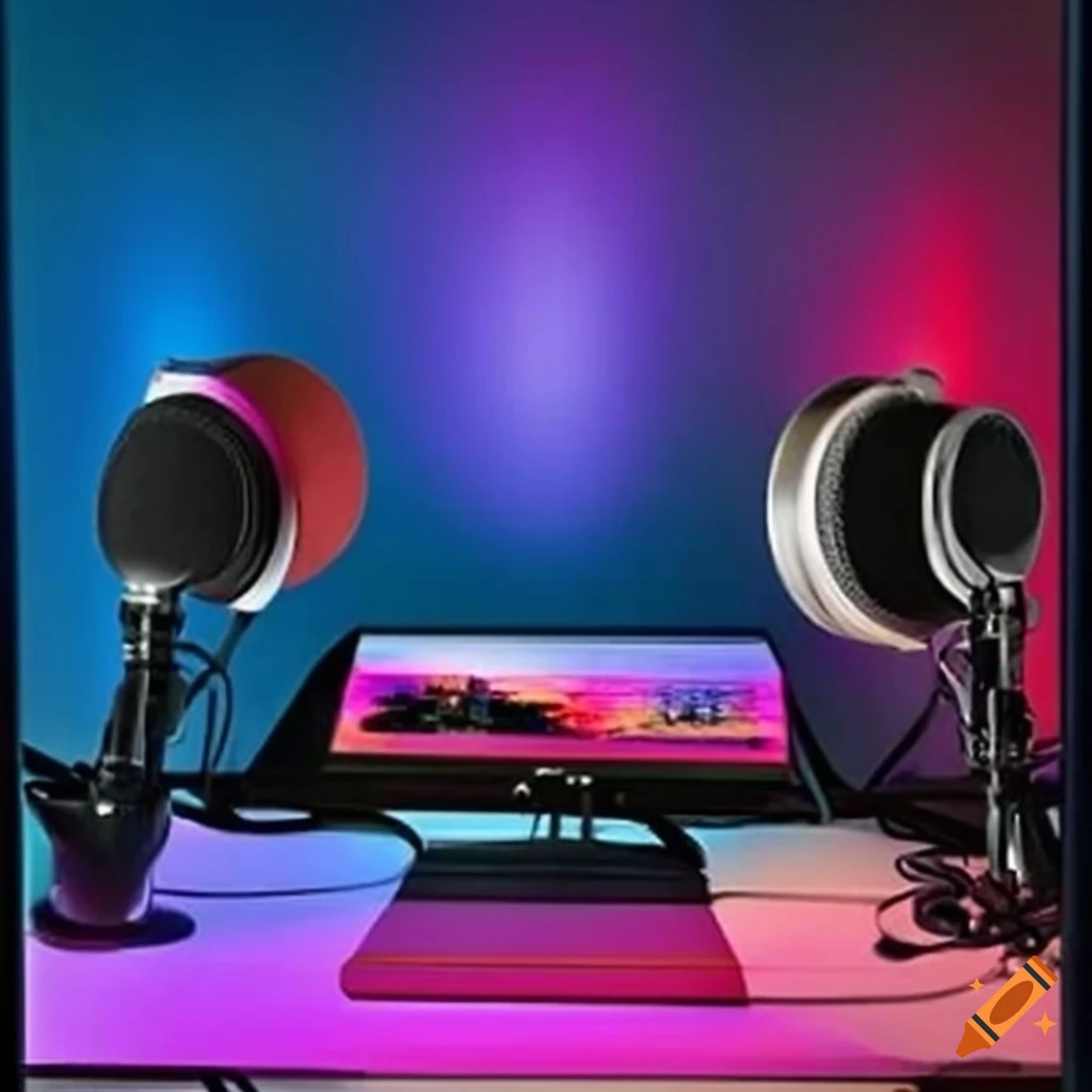 Professional podcast studio with high-quality equipment and a poster on the wall