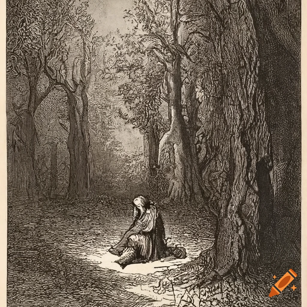 Contemplative monk in a forest surrounded by trees in highly detailed etching