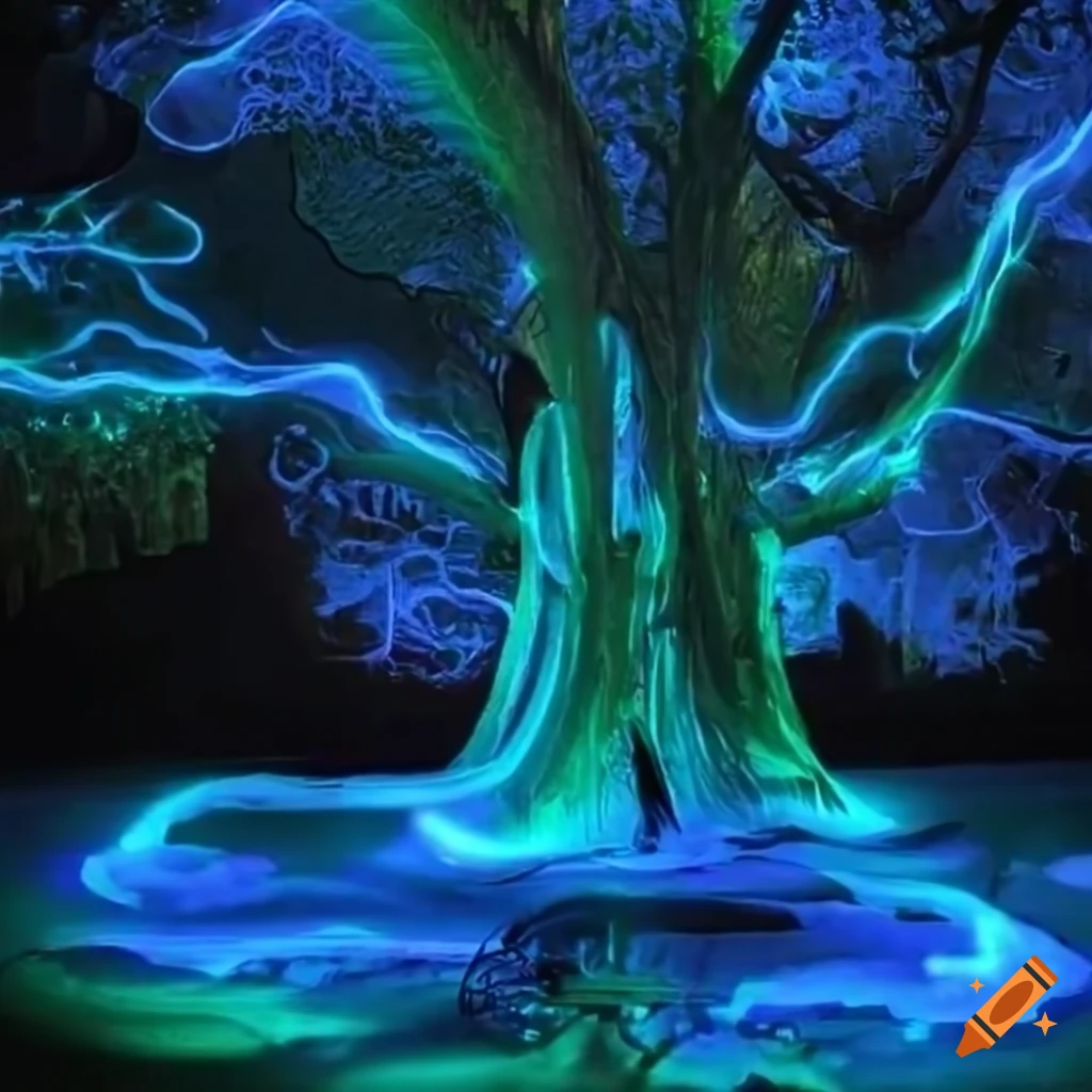 Surreal biopunk forest with glowing bioluminescent trees