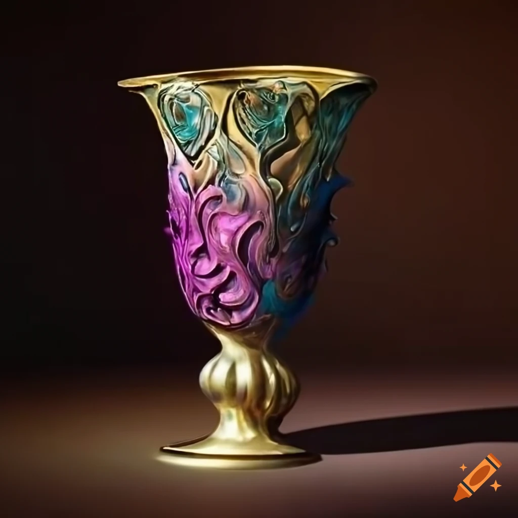 Metal vase with sharp details and volumetric light in art nouveau style