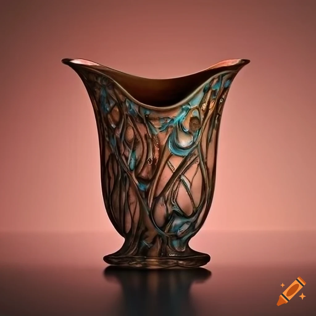 Metal vase with sharp details and volumetric light in art nouveau style