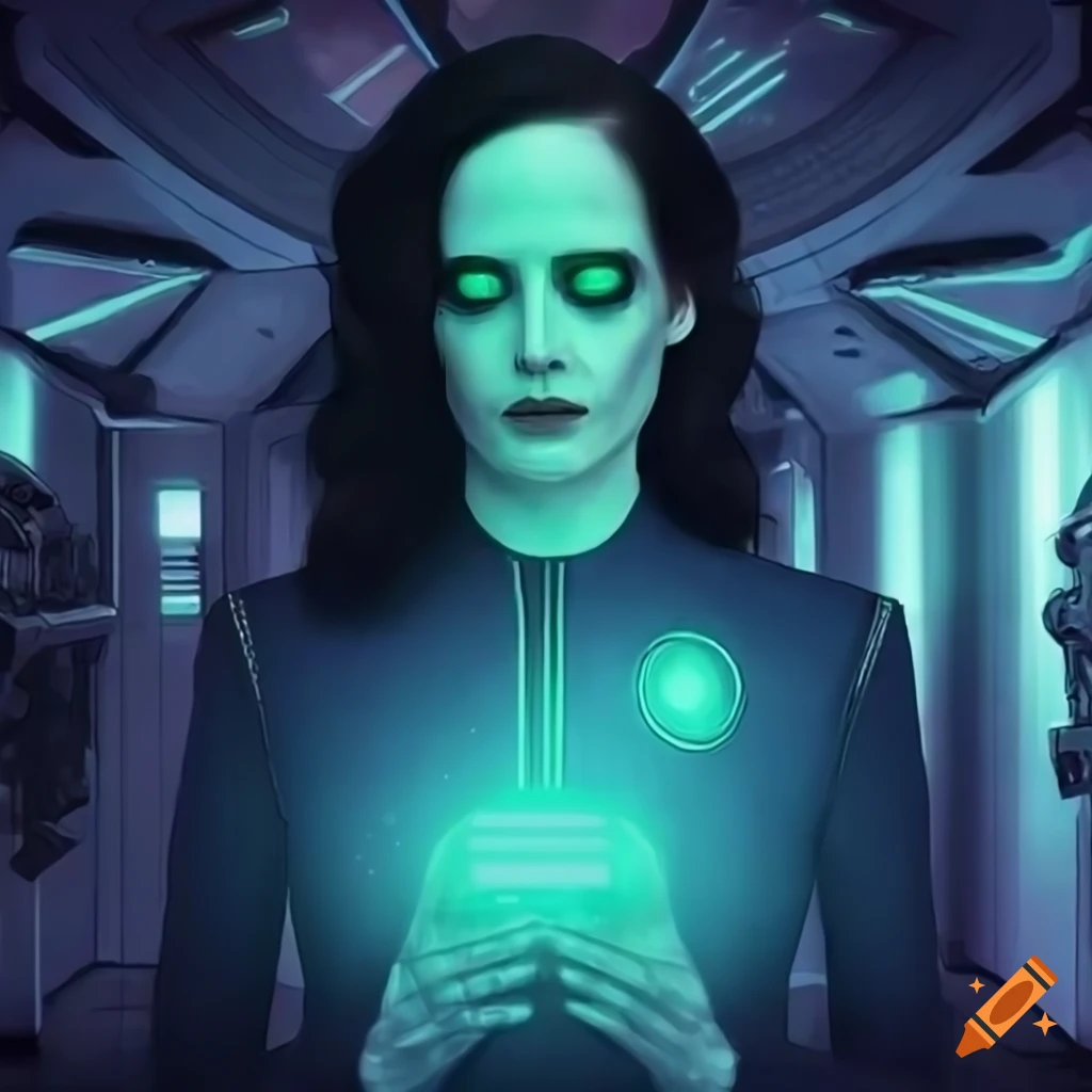 Actress with green glowing eyes portraying a scientist villain on Star Trek Discovery commanding giant robots in futuristic city