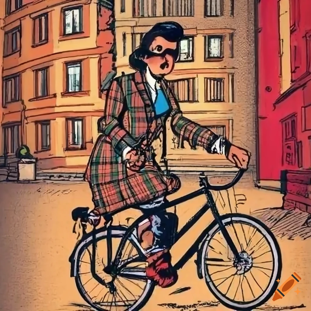 Vintage comic scene with a woman on a bicycle in gaslit Berlin street