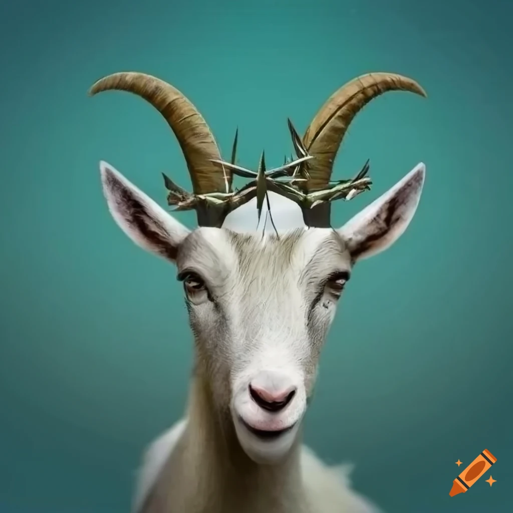 Goat with seven horns wearing a crown of thorns and cross necklace