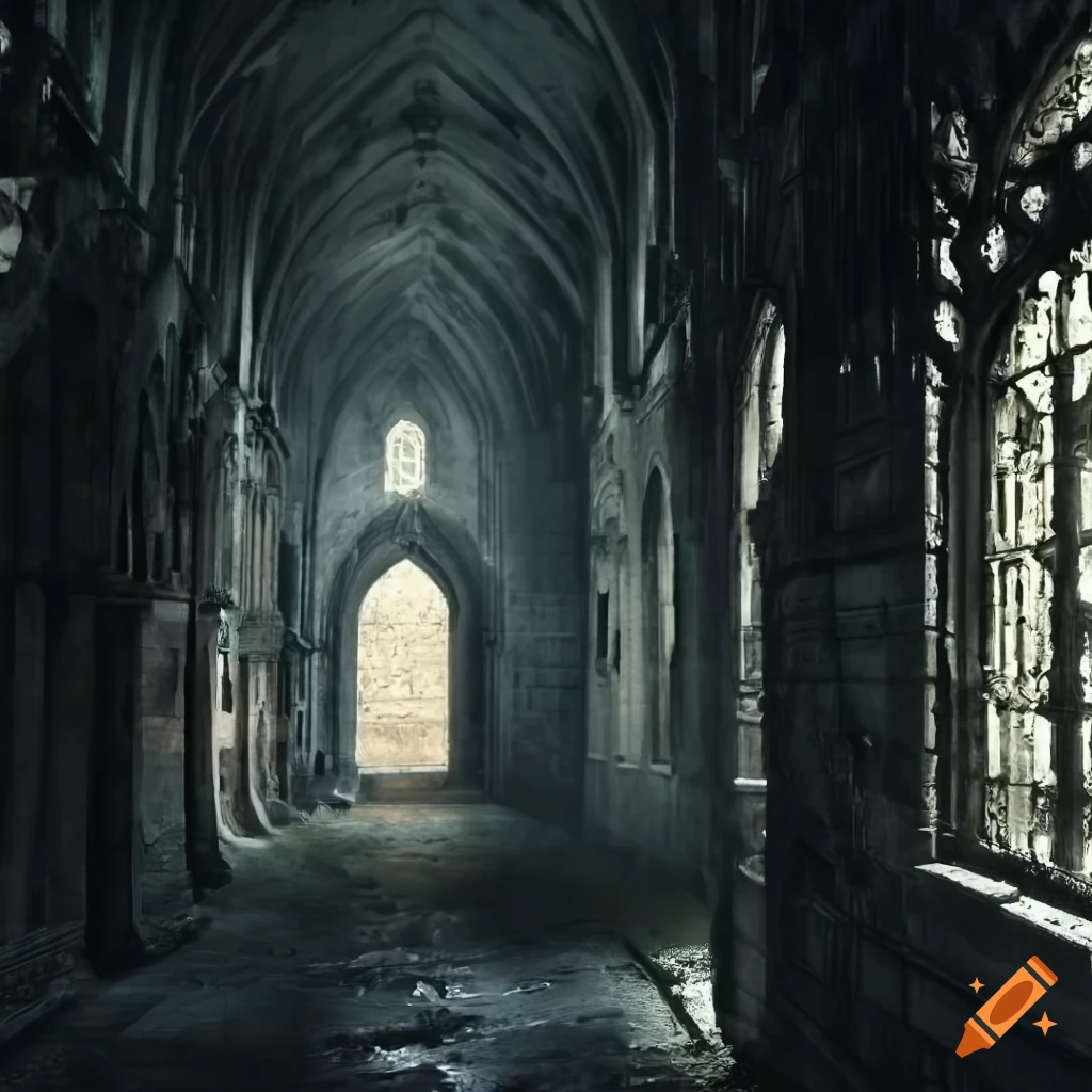 Gloomy cold halls with stained windows, torches, and monks in a dark setting