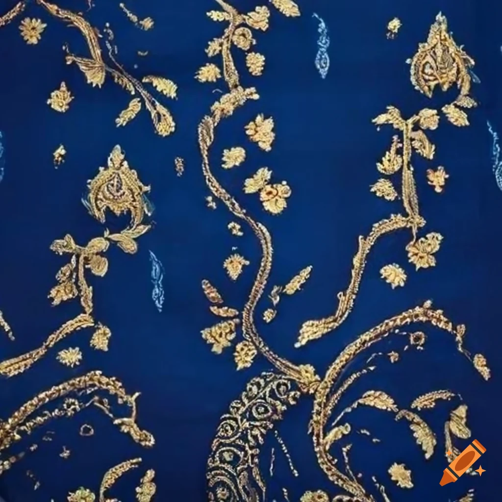 Detailed Indian saree embroidered fabric in indigo blue and golden hues