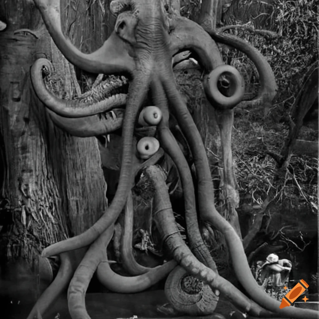 Surreal vintage photo of a twisted mutated elephant eldritch horror
