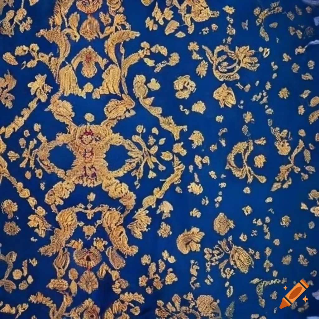 Detailed Indian saree embroidered fabric in indigo blue and golden hues