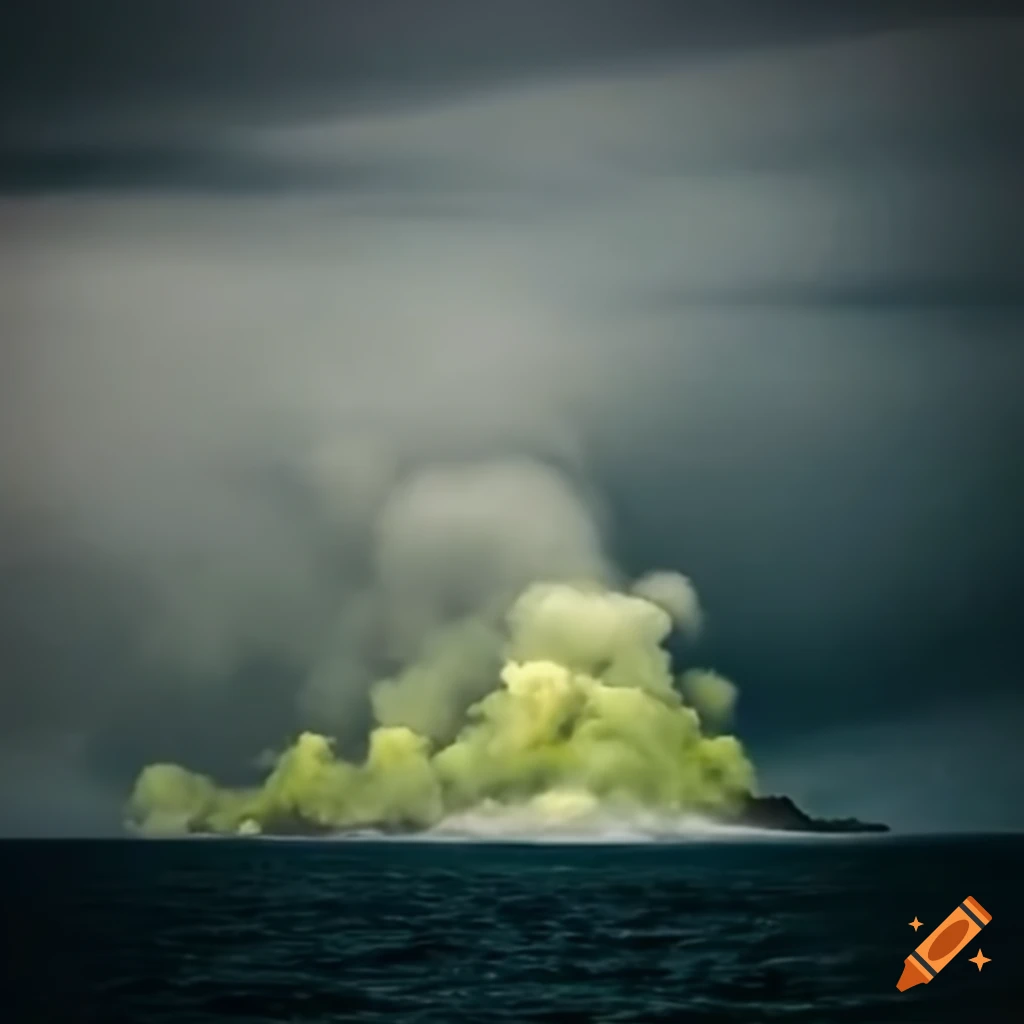 Mysterious dark island with sulfur vents releasing gas clouds