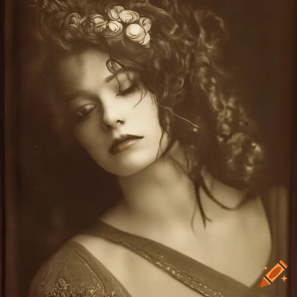 Antique photo of a beautiful lady warrior with golden armor and dark curly hair in an oriental setting