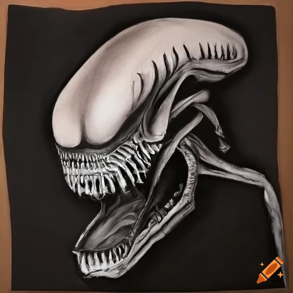 Xenomorph charcoal drawing on tan paper