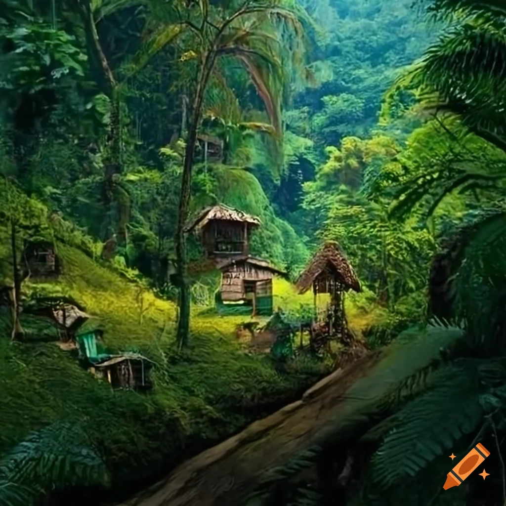 Village in a lush rainforest setting