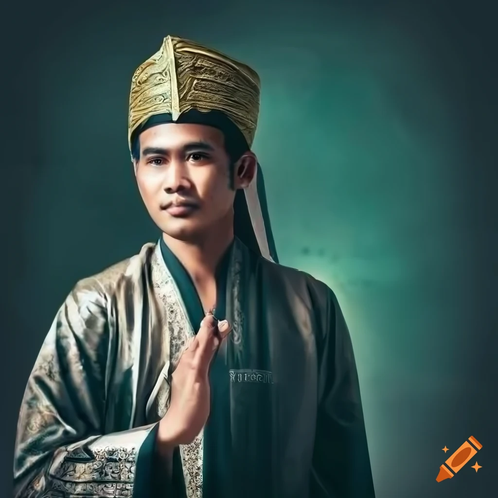 Portrait of Indonesian man in traditional turban and robe with old photo effect