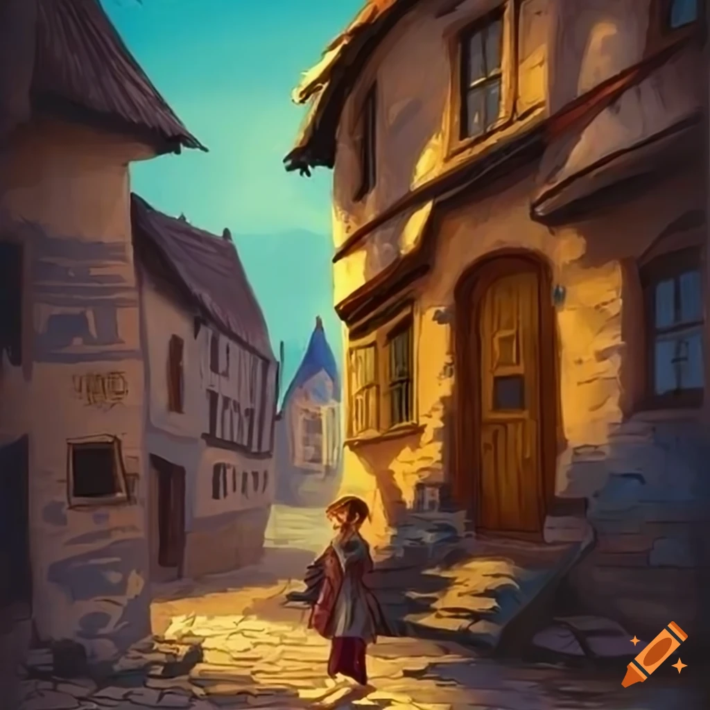 Illustration of a young man giving coins to a poor family in an old village