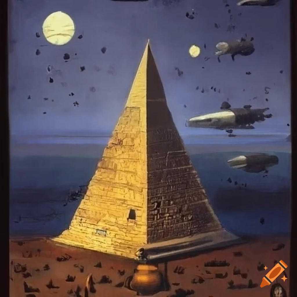 Surreal science fiction image with a time machine train and a pyramid