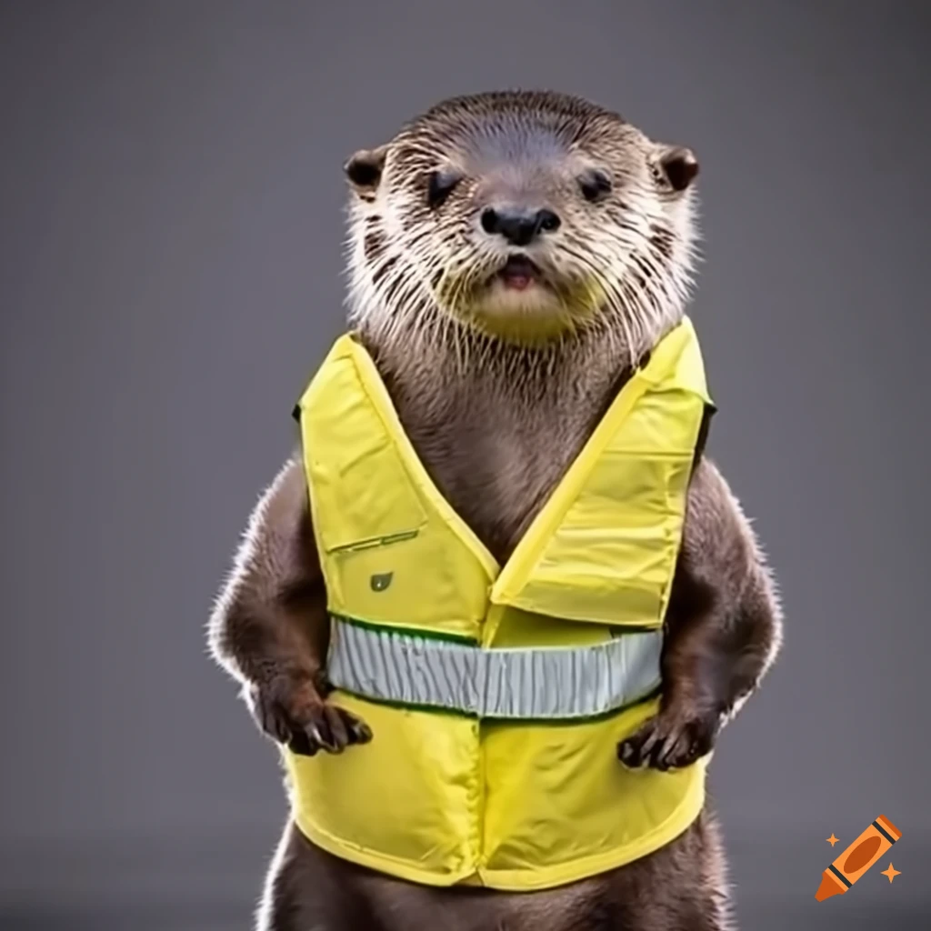 Otter wearing a yellow safety vest at the airport