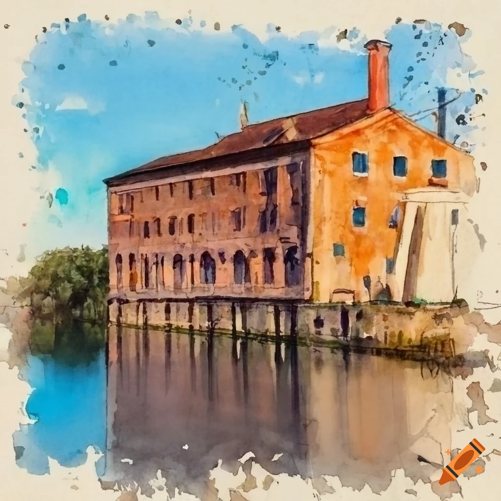 Watercolor of an old factory on the water with a silhouetted man