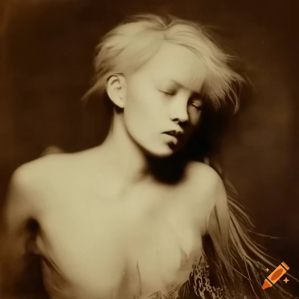 Close portrait of an androgynous adult male with long white hair and black blouse in a dreamy setting