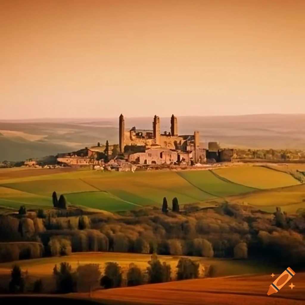 View of Monteriggioni, Italy across farm fields