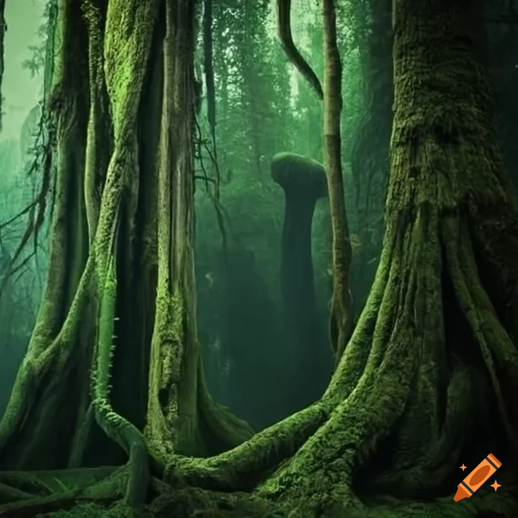 Dark giant trees in the rainforest