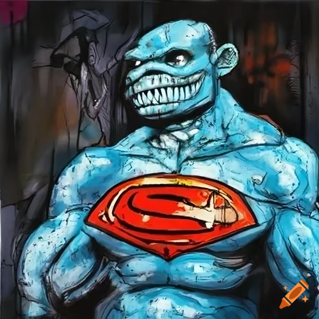 Supervillain BRUTE FORCE in Frank Miller artstyle with blue skin and mutant frog-like face