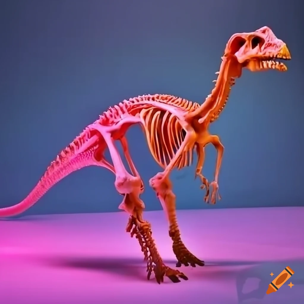 3-D printed dinosaur skeletons in pink and orange colors