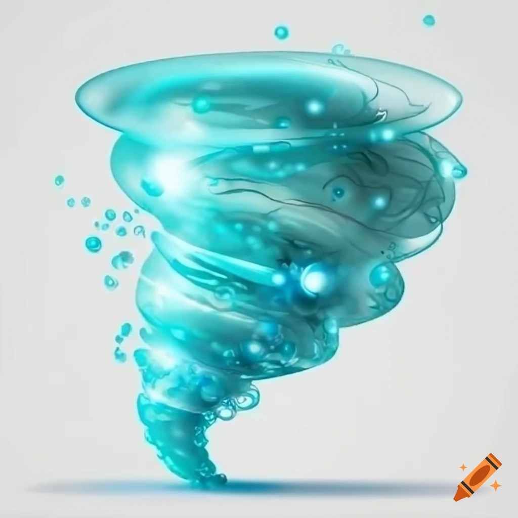 Profile of a sparkling turquoise tornado on white background with soap bubbles, cartoon style