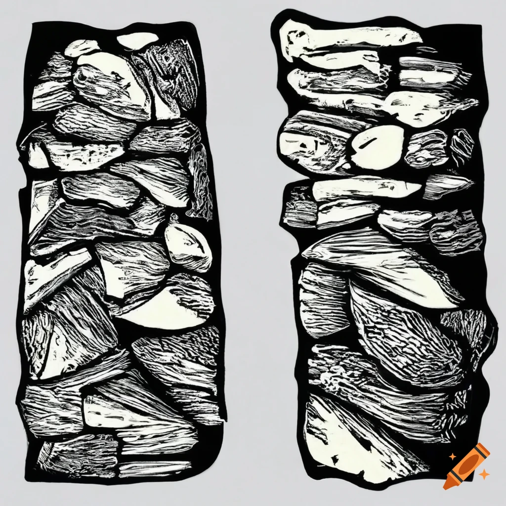 Linocut print of rocks in monochrome