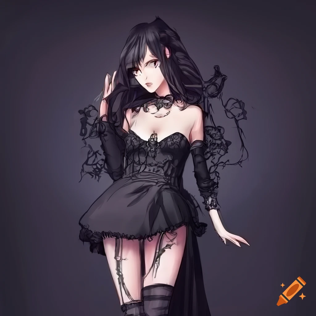 Anime woman in gothic dress with wavy hair in dramatic pose