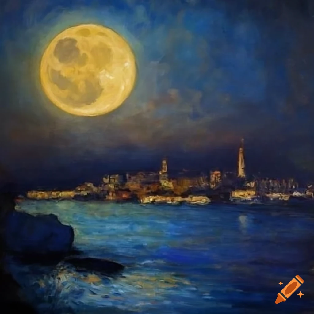Detailed oil painting of a full moon night with a woman's billowing dark hair