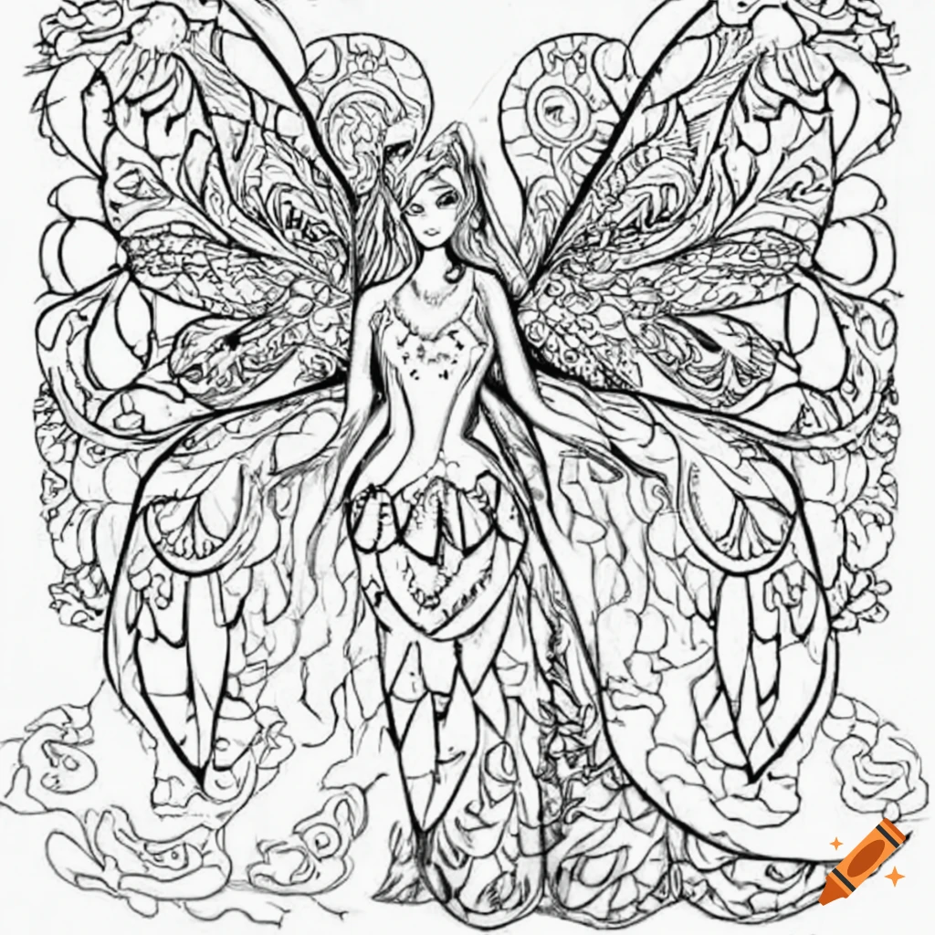 Beautiful fairy with intricate wings on a coloring page