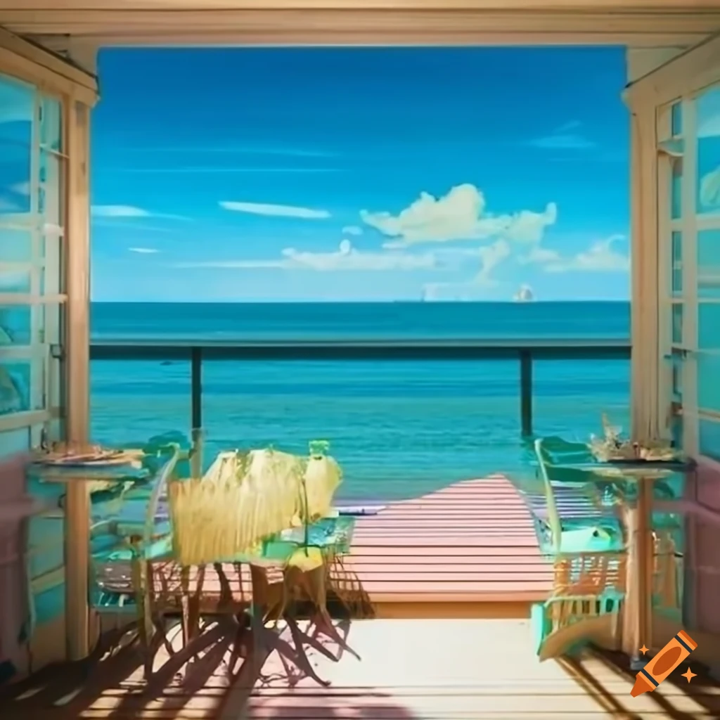 Seaside landscape view through a veranda with a soft palette