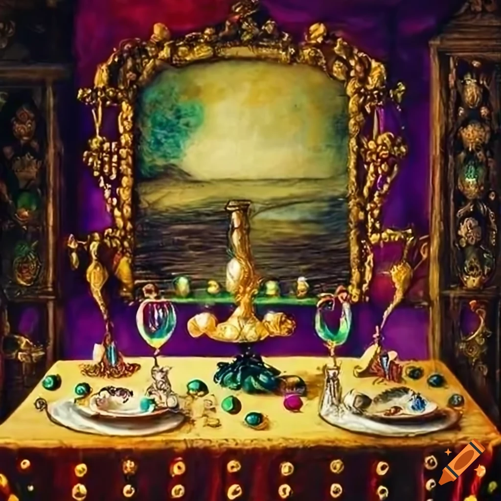 Vibrant Mardi Gras painting of mystical beads on a table